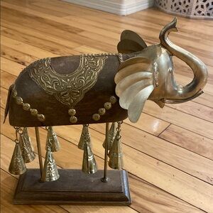 Brass and mango wood Elephant Figurine with bells.